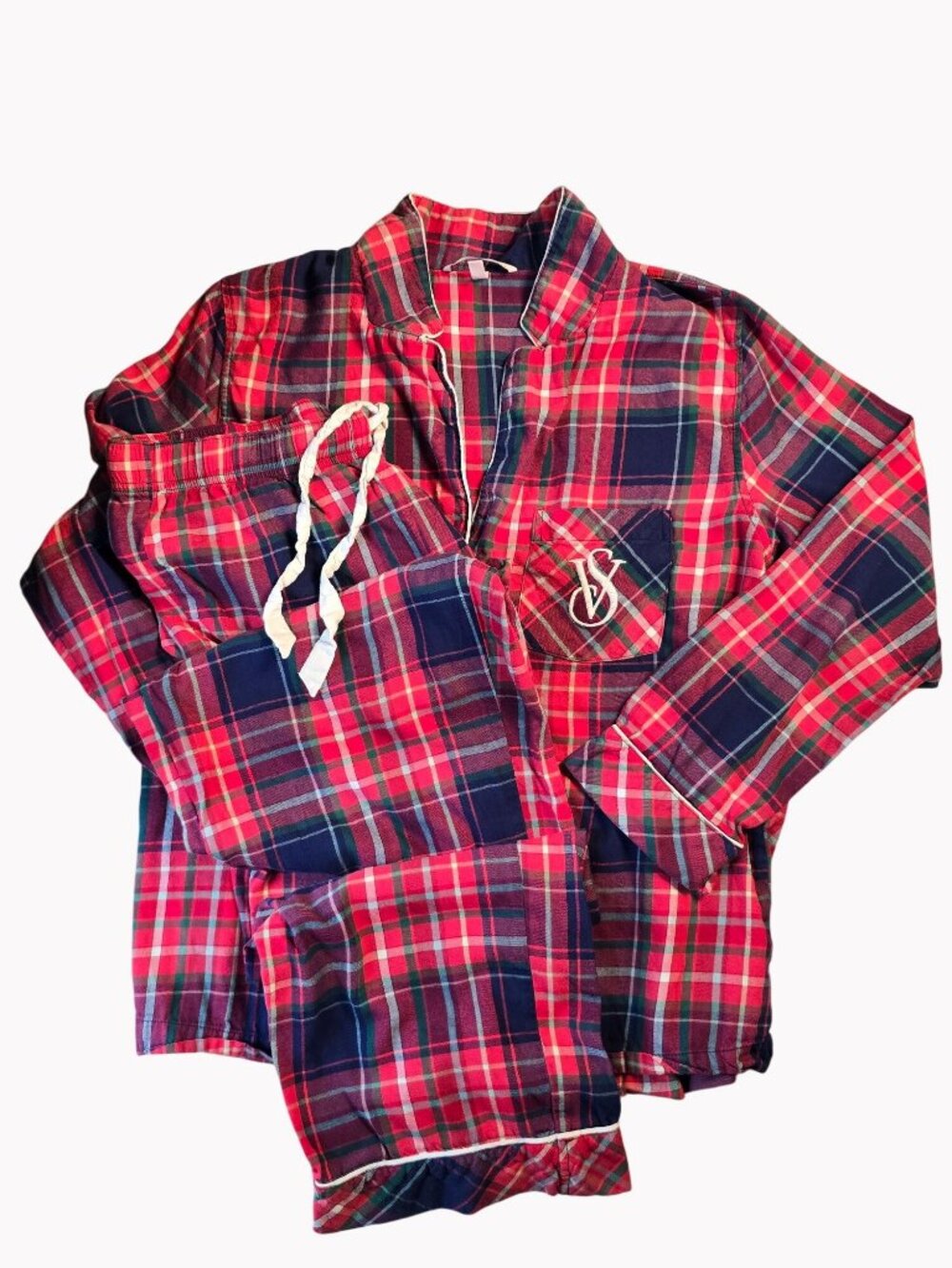 Victoria's Secret Women's M Red Navy Plaid Button Up Pajama Set Cotton Blend